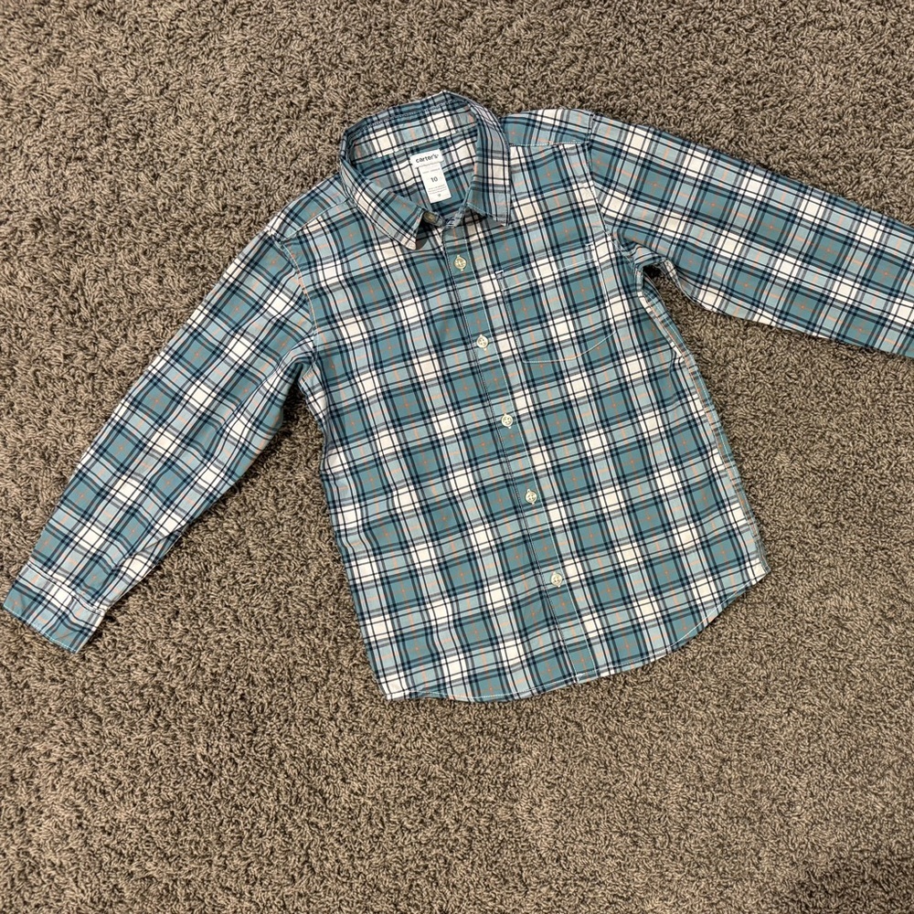 Carters boys button down shirt in green, blue, orange and white, size 10.